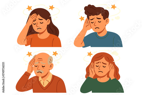 Icons depicting people experiencing headache and vertigo symptoms across different ages