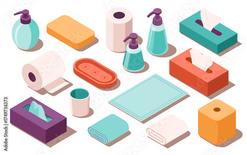 Isometric Bathroom Accessories Set for a Modern Home Vector Illustration Promoting Cleanliness and Hygiene
