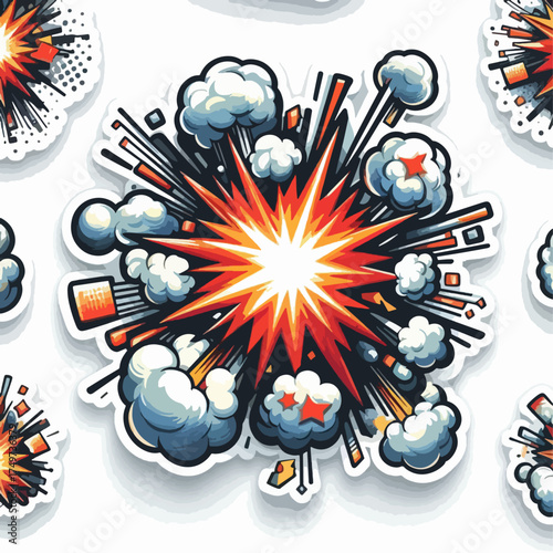 Vibrant comic book style explosion with smoke and debris, rendered as a sticker.