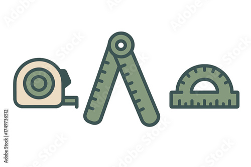 Set of measuring tools including tape measure folding ruler and protractor