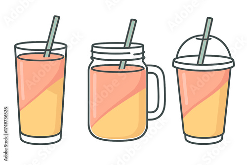 Three layered fruit smoothie or juice drinks in various containers