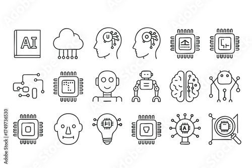 AI, Technology, and Robotics Outline Icon Set, vector, illustration, Robotics and ai icons set.