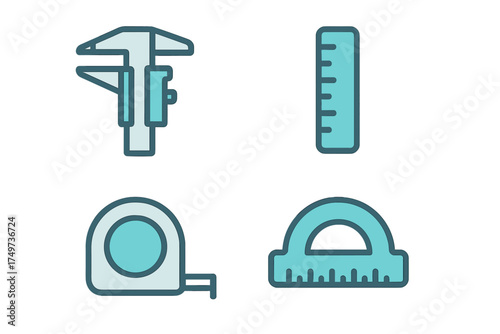 Four precision measuring instrument icons: caliper, ruler, tape, and protractor