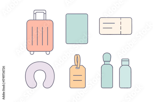 Set of essential travel accessories icons featuring suitcase and passport