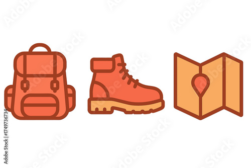Set of hiking equipment icons featuring backpack boot and navigation map