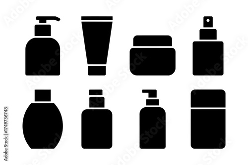 Set of Black Silhouette Cosmetic Bottles and Containers Vector Illustration for Beauty and Personal Care Products Mockups