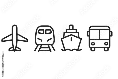 Four essential transportation mode icons: airplane, train, ship, and bus