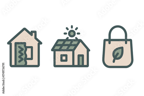 Icons for home insulation solar energy and reusable shopping bag