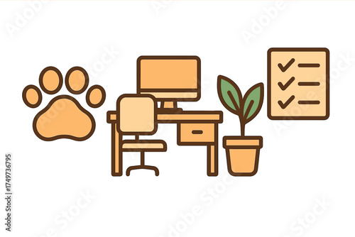 Home office setup icons featuring pet paw print and task checklist