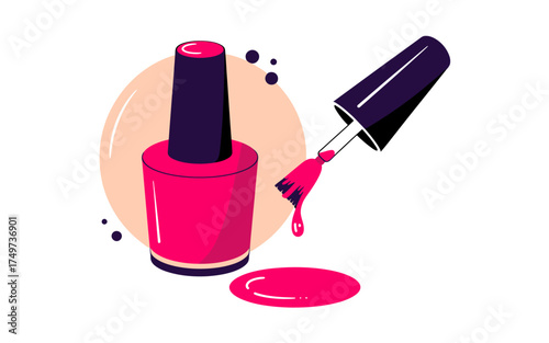 Vibrant Pink Nail Polish Bottle with Applicator and Spilled Polish Isolated on White Background Manicure and Beauty Concept