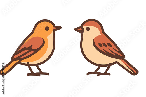 Two cute cartoon sparrows facing each other in simple outline style