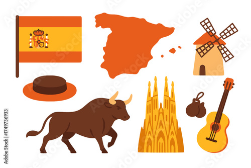 Set of essential Spanish cultural symbols and famous landmarks icons