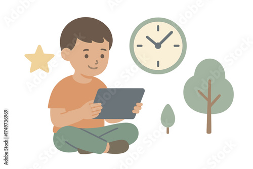 Young child interacting with digital tablet featuring clock and nature icons