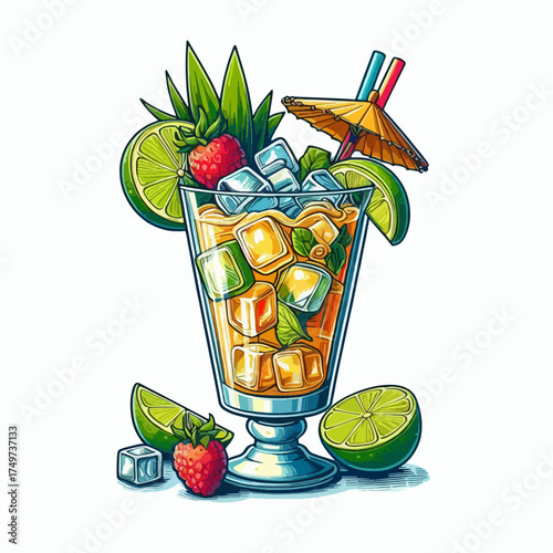 Vibrant watercolor illustration of a tropical cocktail with lime, strawberry, mint, and ice, garnished with a tiny umbrella.