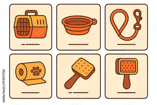 Essential pet care and travel accessories icons set