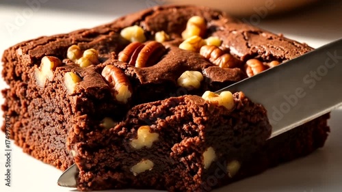 Close-up of a freshly baked brownie being sliced with a knife, showcasing its rich texture and nuts
