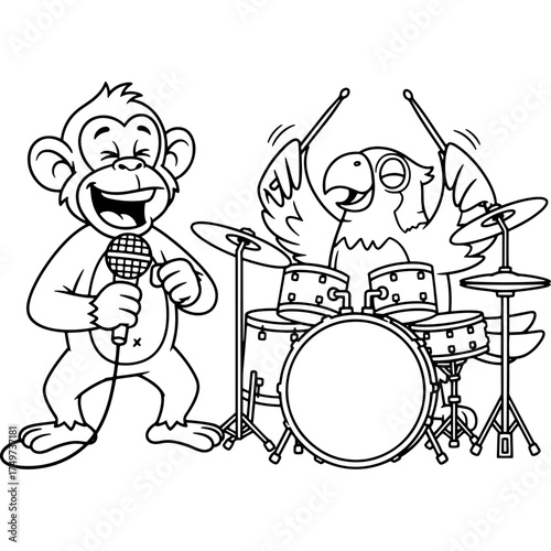 A fun music-themed coloring page for kids, featuring a monkey singing and a parrot playing the drums. This black and white line art is perfect for a children's activity book.