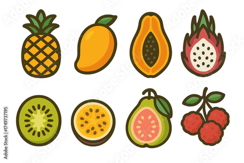 Tropical fruit icons set featuring pineapple, mango, papaya, and kiwi shapes