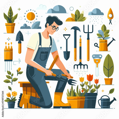 A man in overalls and yellow boots tending to potted plants and flowers with gardening tools.