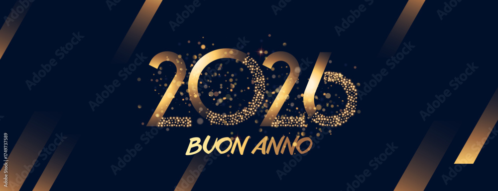 Un biglietto o uno striscione per augurare un felice anno nuovo 2026 in oro con cerchi effetto bokeh su uno sfondo nero con linee dorate sfumate