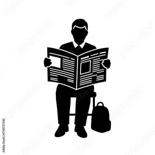 Man reading newspaper while sitting on chair with backpack nearby for International Men's Day  