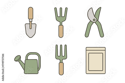 Essential gardening tools and supplies icon set for horticulture projects