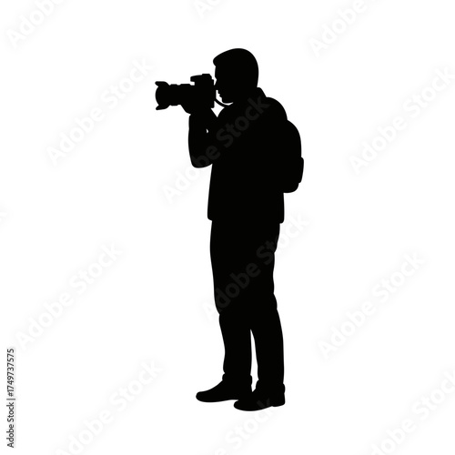 Man taking photograph with camera on white background for International Men's Day  