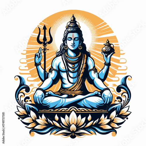 Lord Shiva meditating in a lotus position with a trident and a pot of poison.