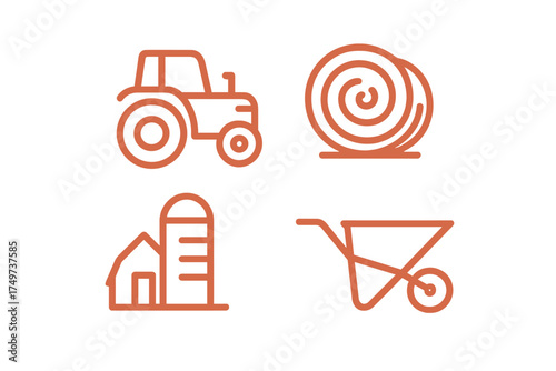 Four basic farm and agriculture line icons featuring tractor and silo