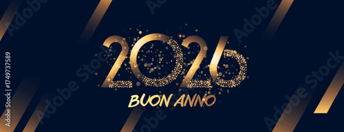 Un biglietto o uno striscione per augurare un felice anno nuovo 2026 in oro con cerchi effetto bokeh su uno sfondo nero con linee dorate sfumate