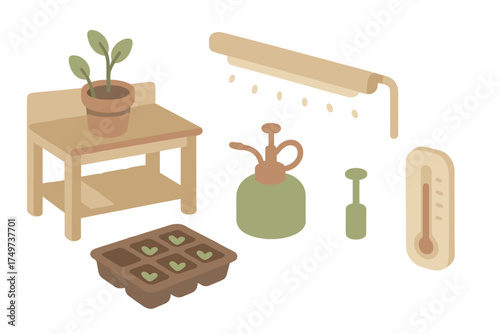 Essential supplies for indoor plant cultivation with seedling tray and grow lamp
