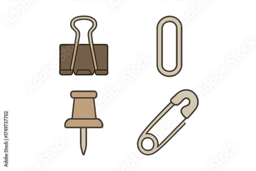Assortment of office stationery fasteners including binder clip pushpin paperclip and oval clip