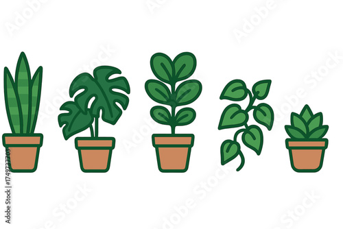 Five different potted houseplant icons in simple minimalist style