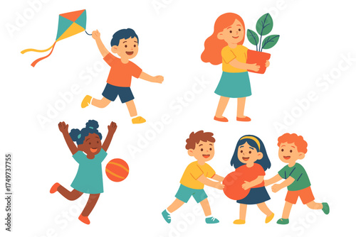 Happy diverse children playing outdoors with kite ball and potted plant