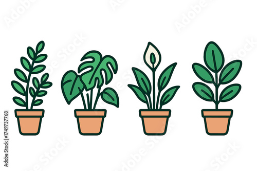 Four stylized potted houseplant icons featuring vibrant green foliage