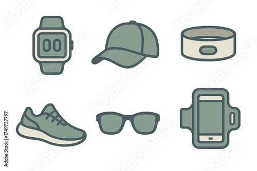 Essential fitness and running gear icons for outdoor activity