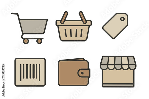 Six beige and brown icons for shopping and retail commerce concepts