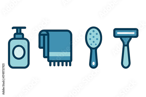 Set of four simple blue icons for bathroom hygiene and personal grooming items