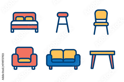 Colorful flat outline icons of essential household furniture items for modern interior design