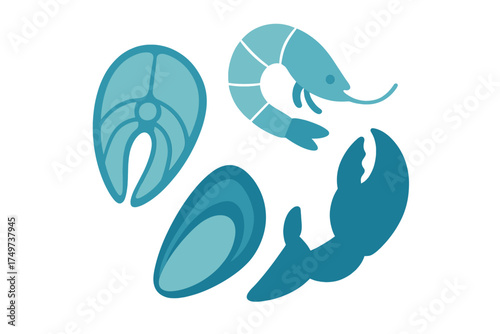 Stylized blue icons representing assortment of seafood including fish shrimp and shellfish