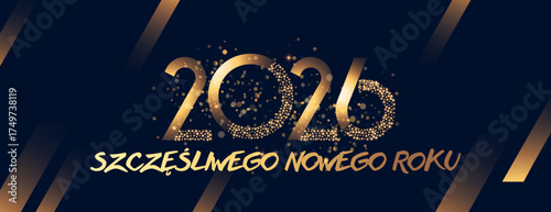 Kartka lub baner z życzeniami szczęśliwego Nowego Roku 2026 w kolorze złotym z efektami bokeh na czarnym tle ze złotymi liniami gradientowymi