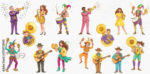 Diverse group of cartoon musicians playing various instruments and dancing in festive attire, celebrating with confetti.