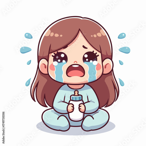 A cute cartoon illustration of a baby girl crying and holding a baby bottle.