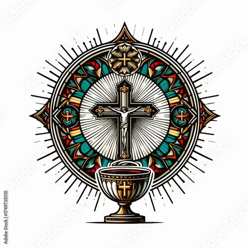 Detailed religious emblem with crucifix, chalice, and stained glass design, radiating light.