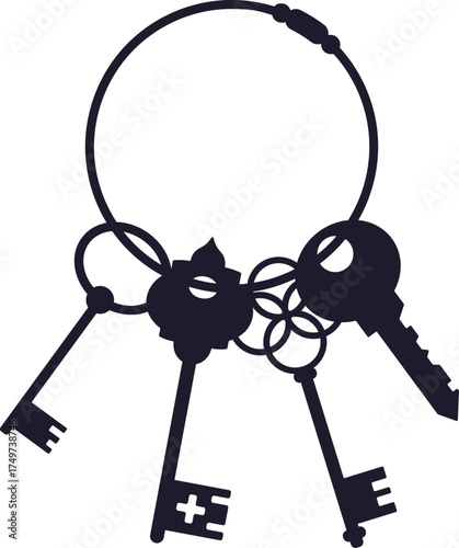 Antique keys on ring silhouette for access security
