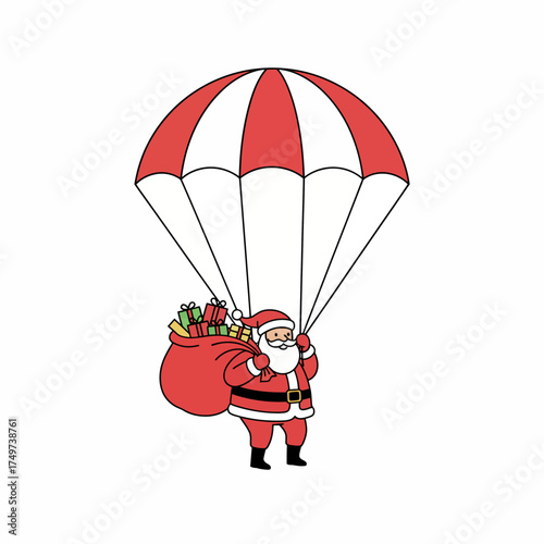 Santa claus descending from the sky with a parachute and a large bag of gifts ready to deliver christmas presents to children worldwide