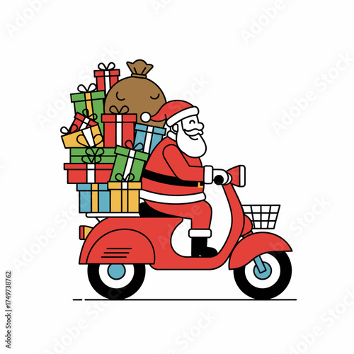 Santa claus riding a red scooter loaded with many christmas presents and a sack of gifts delivering holiday cheer and presents for everyone