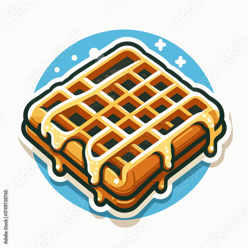 A cartoon-style illustration of a golden-brown square waffle with white syrup drizzled over it, featuring a blue and white outline.