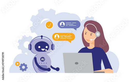 Call center. Characters using artificial intelligence generative tools for communication. Helpdesk, hotline, customer support service concept. Vector illustration.