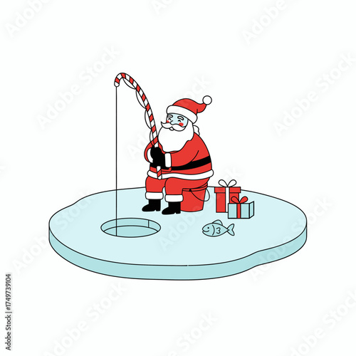 Santa claus ice fishing with a candy cane fishing rod and presents on a frozen lake during winter holiday season